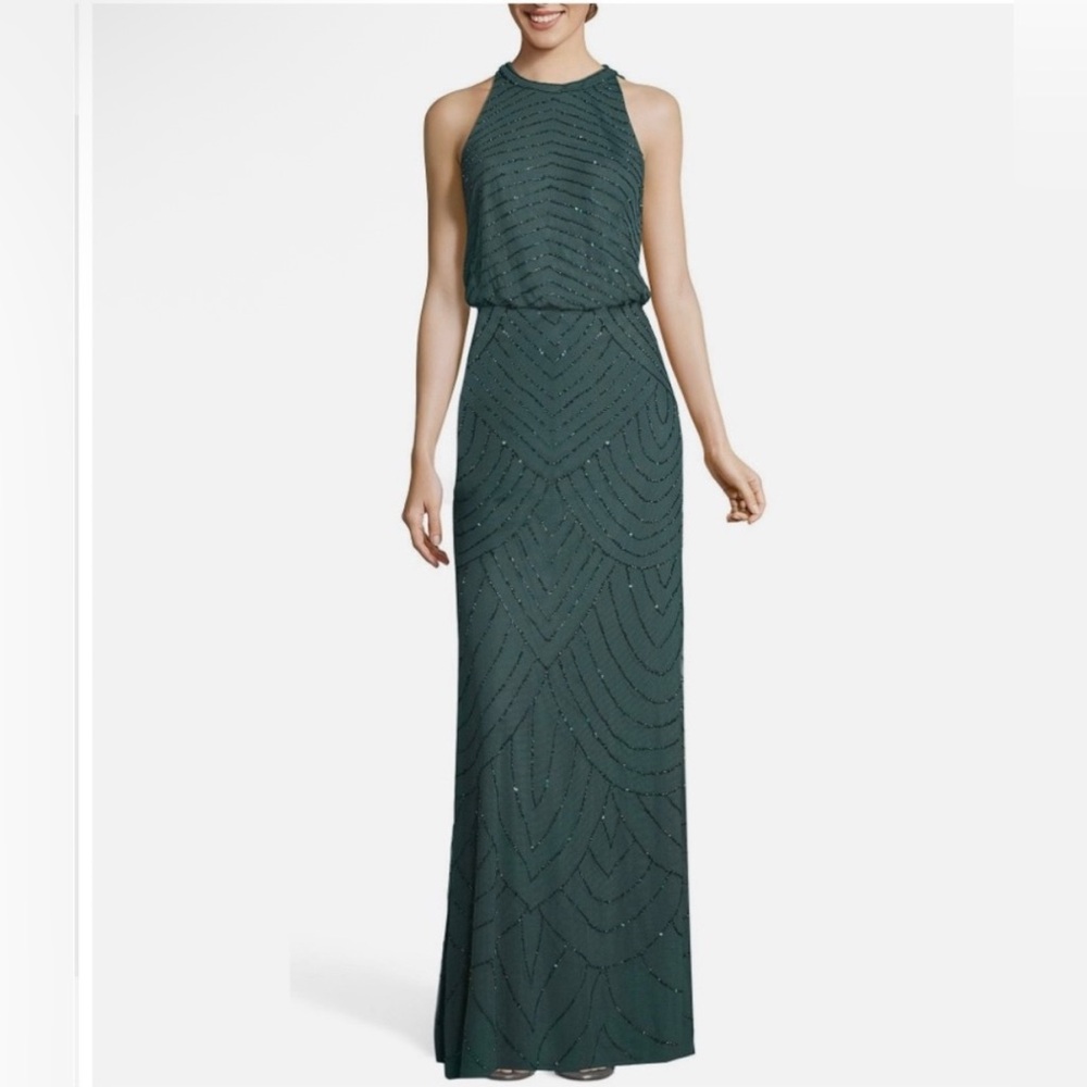 Adrianna Pappel gorgeous green halter beaded deco gown B06